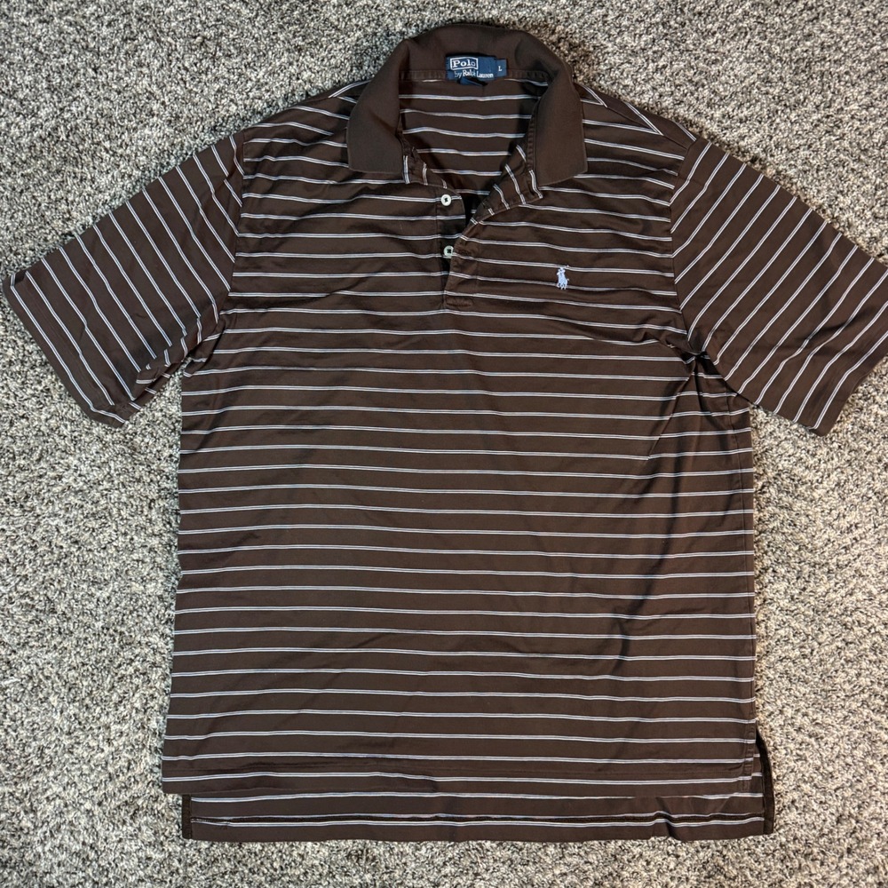Polo Ralph Lauren Mens Large Brown Striped Pima Cotton Short Sleeve Polo Shirt